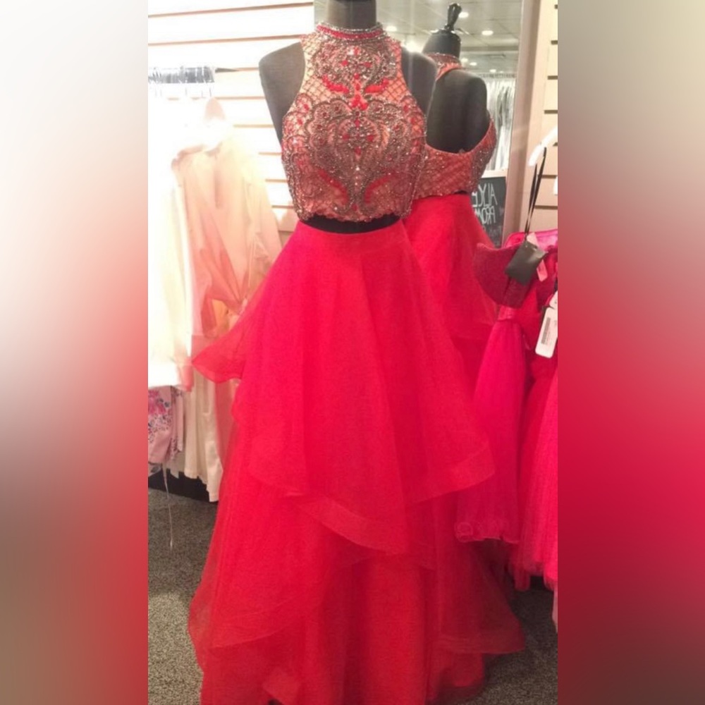 2 PIECE HALTER NECK, RUFFLED SKIRT PROM DRESS
